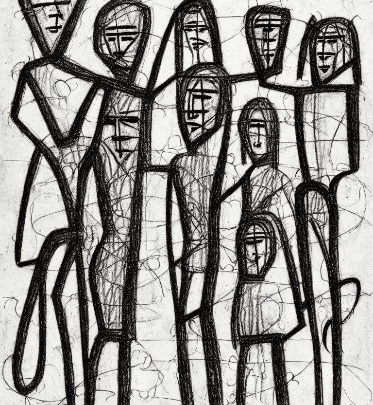 AI generated: Ancient family, pencil drawing, very badly designed, drawing made by a madman, iconcluente design, v...