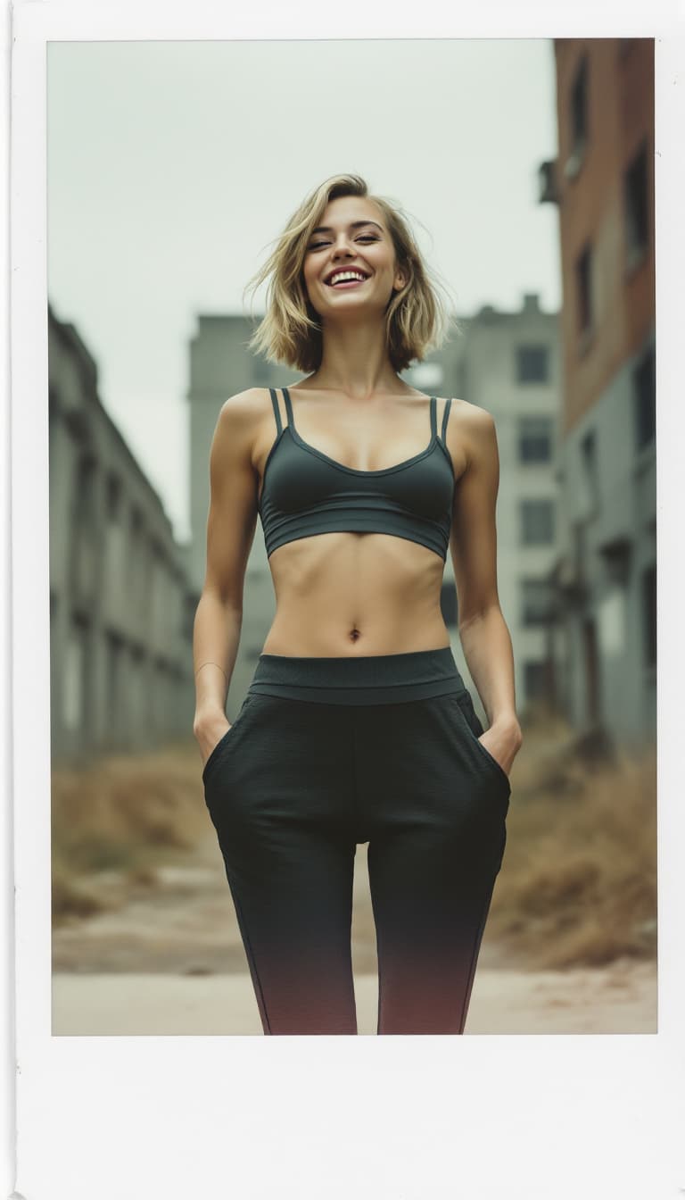 AI generated: polaroid, Brutalist high Fashion from knees up photo of a 20 year old female radiant yoga instructor...