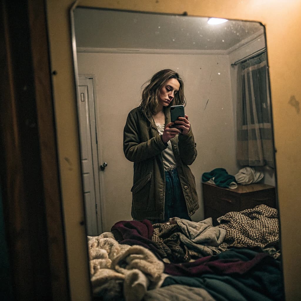 AI generated:  woman stands in front of a mirror, capturing a selfie. The image quality is grainy, with a slight b...