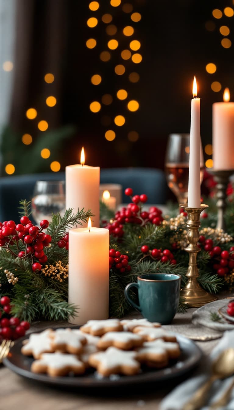 AI generated: "A beautifully decorated holiday table with red and gold themed decorations, candles, a centerpiece ...