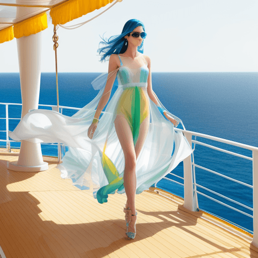 AI generated: On the deck of a sea ship cruising along the Cyprus coastline, a fashionista showcases a summer ward...