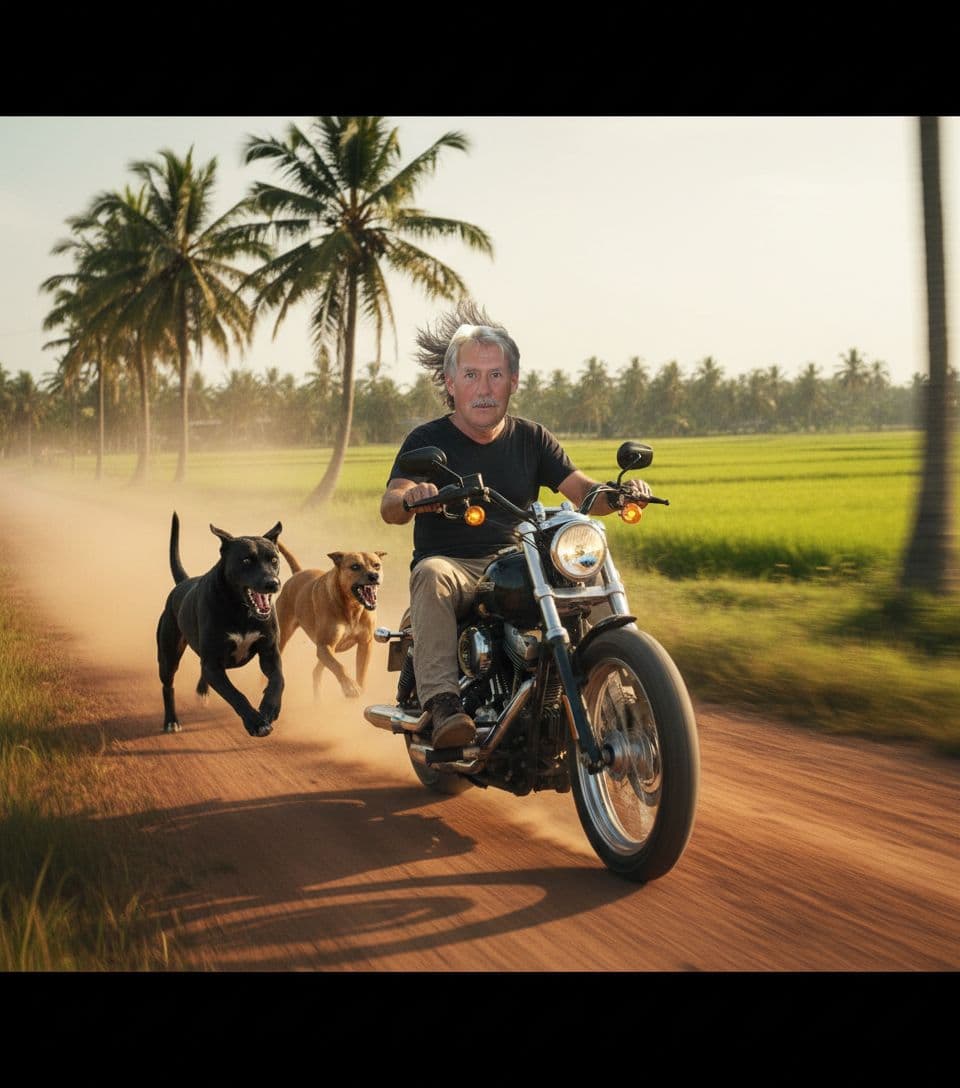 AI generated: Create a humorous, cinematic image of a person riding a
Harley motorcycle at high speed on a dirt r...