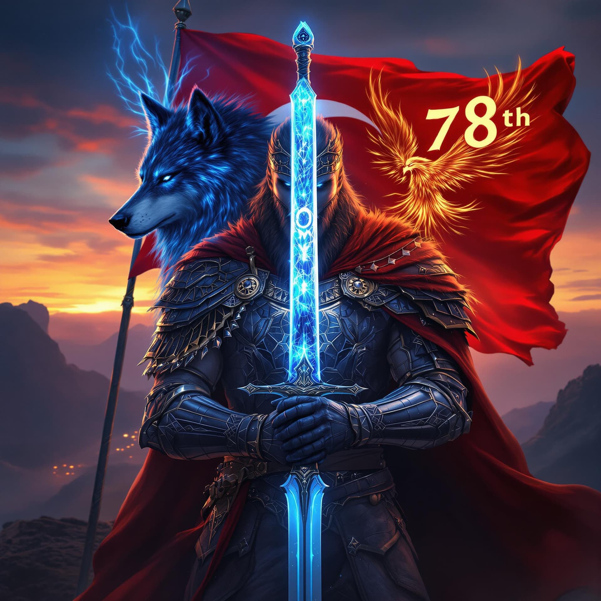 AI generated: A fierce human warrior clad in traditional armor inspired by ancient Turkish mythology, holding a sw...