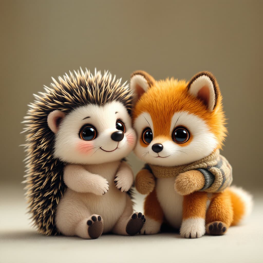 AI generated: photorealistic 2 cute baby hedgehog plush brother and sister and one cute little fox with big eyes, ...
