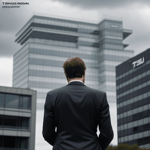 AI generated: Realistic photo on a cloudy day of a The boss in the suit, seen from behind facing the company, is l...