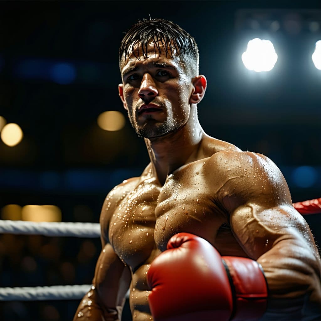 AI generated: In the photo, the muscular boxer looks at the camera and flexes his chiseled biceps in the ring, swe...