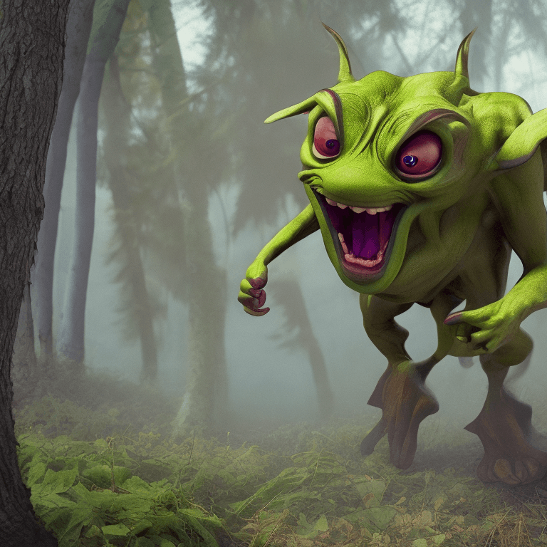 AI generated: 
illustration of a green short goblin, medieval beast, forest background, full length view, digital ...