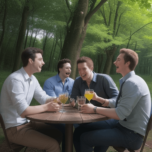 AI generated: four guys having a drink in a place full of trees, with lots of nature, having fun
