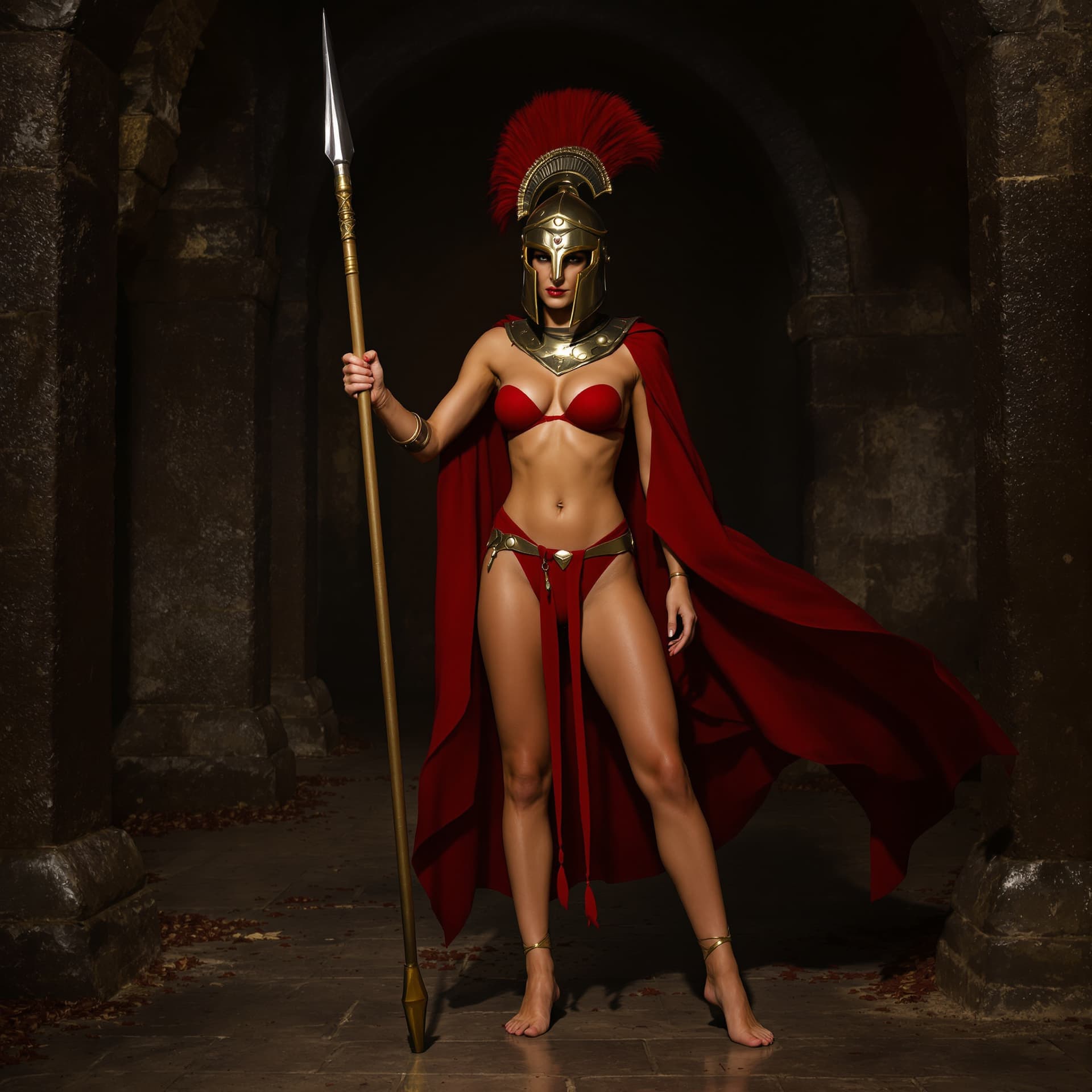 AI generated: full body view of a  female warrior spartan like film 300, spear helmet with plume, long red cape, b...