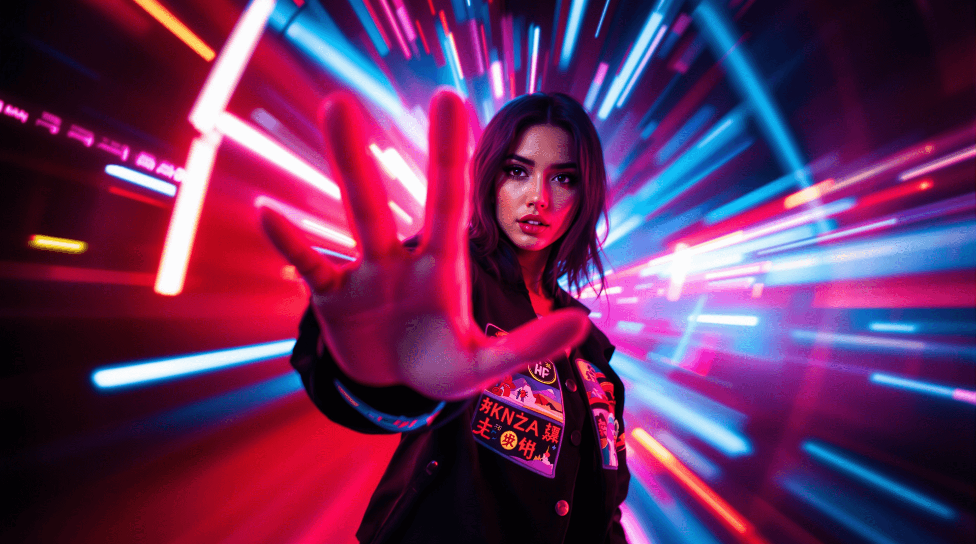 AI generated: A vibrant, dynamic scene featuring a Stunning Woman with dark hair wearing a black jacket with color...