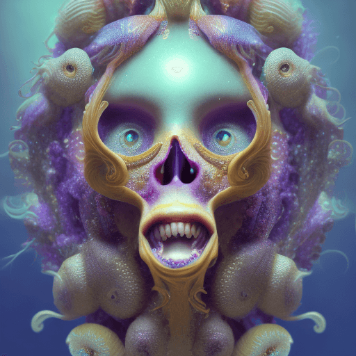 AI generated: Goddess close-up portrait ribcagel. jellyfish phoenix head, nautilus, orchid, skull, betta fish, bio...