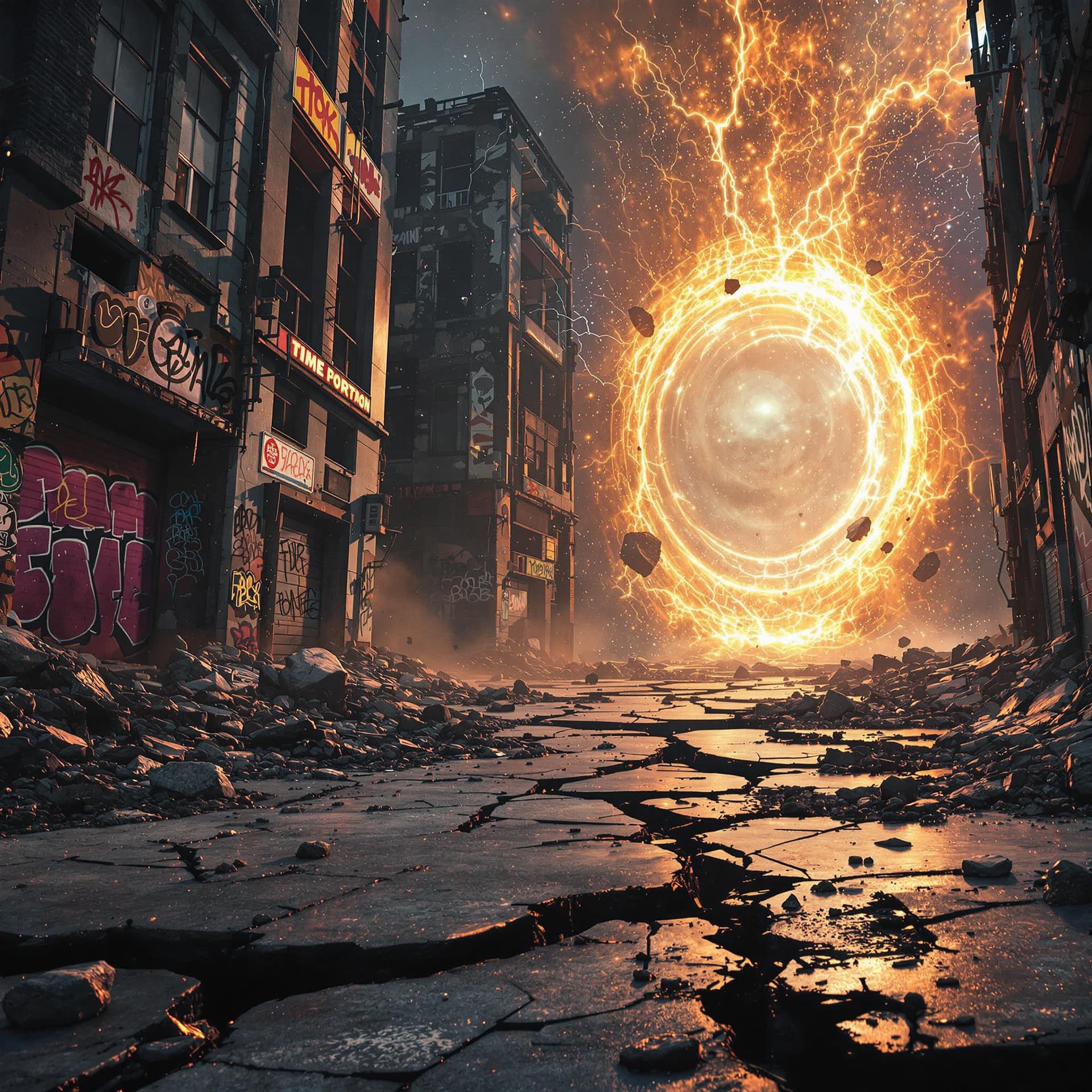 AI generated:  in the middle of a destroyed city, there is an open time portal with cracks in the ground from wher...