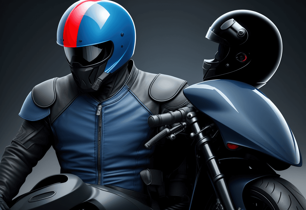 AI generated: Motorcycle rider with helmet blue darkened vesier, looks to the left, puts on his gloves, black moto...