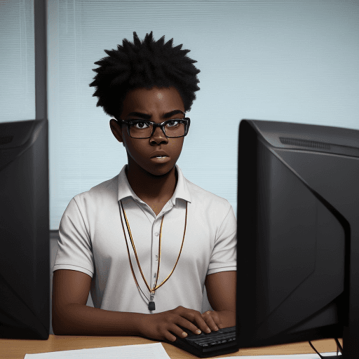AI generated: A frustrated black student staring at a blank computer screen.