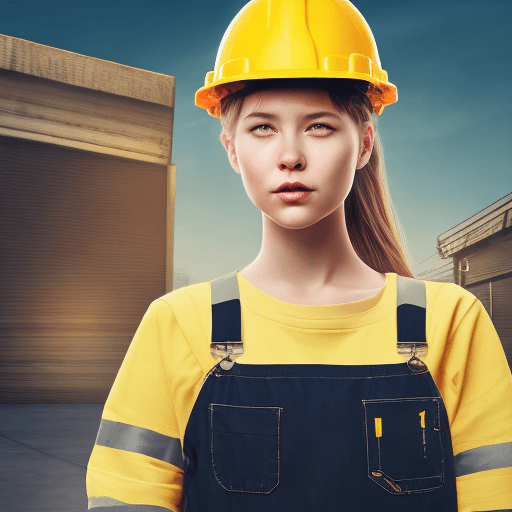 AI generated: young girl in a worker suit (tight overalls), realistic style, warehouse, sunny weathe, dark colors,...