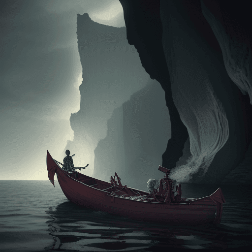 AI generated: a rose in a boat floating in hell.Skeleton in boat rowing.demons on cliff above screaming down on bo...