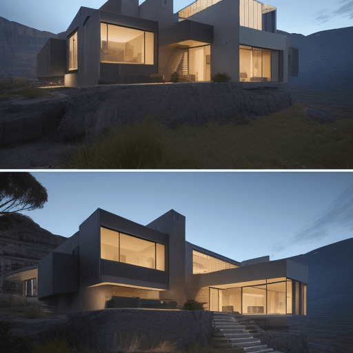 AI generated: modern house with structurally floating overhangs. house with glass windows and low stone walls, aus...