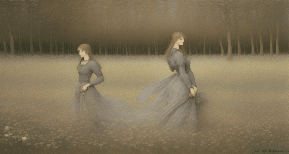 AI generated: woman in the field, insipired by Lucien Lévy-Dhurmer "Le Silence" 1895 and Albert-Émile Artigue "Fle...