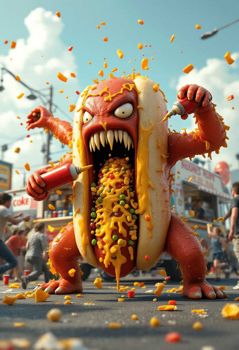 AI generated: A 3D (8K) photorealistic (hyper- detailed) image of a full body (((hotdog))) monster with a bun cove...
