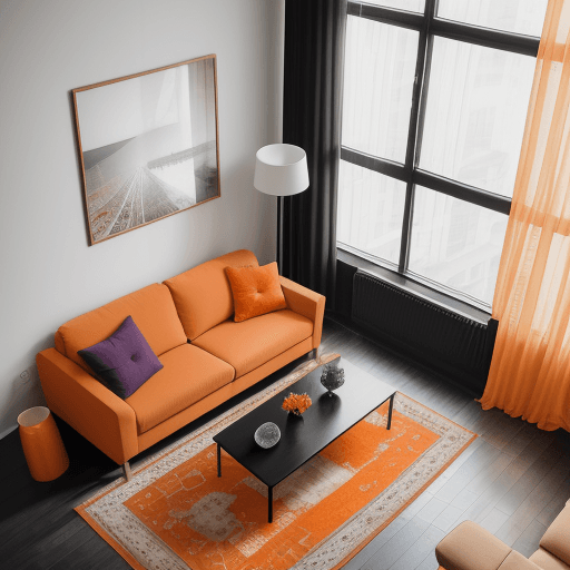 AI generated: photography, aerial shot, apartment living room, color limited to black and orange, minimalist orang...