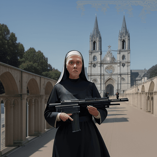 AI generated: nuns with guns, a beautiful nun holding a large machine gun, a cathedral in the background, beautifu...