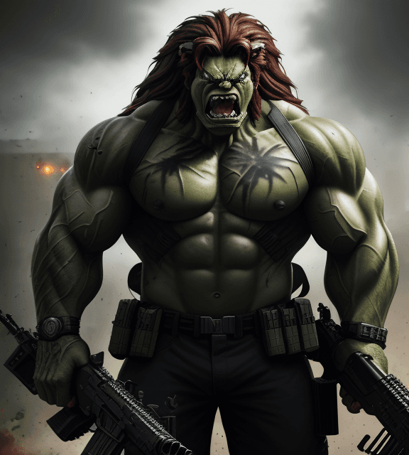 AI generated: Battle-scarred angry Hulk lion army wearing black ops uniform, holding carbine rifle, anthropomorphi...