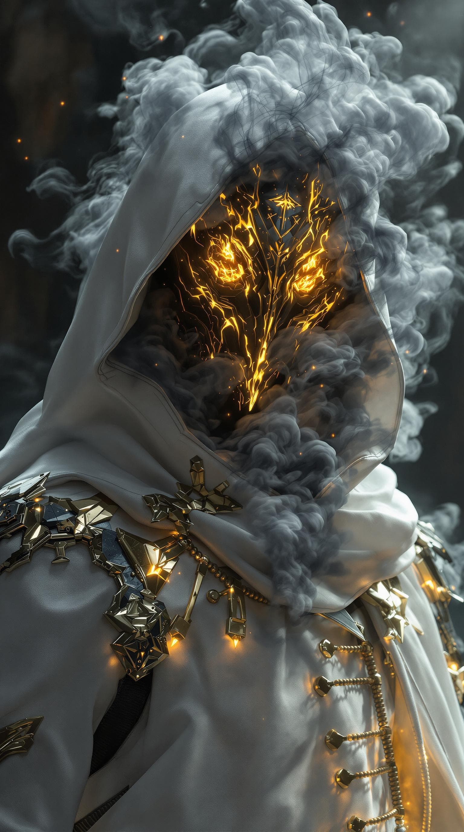 AI generated: Dark fantasy, shadow knights, (( white and gold plug suit, black smoke in plug suit)), (burning eyes...
