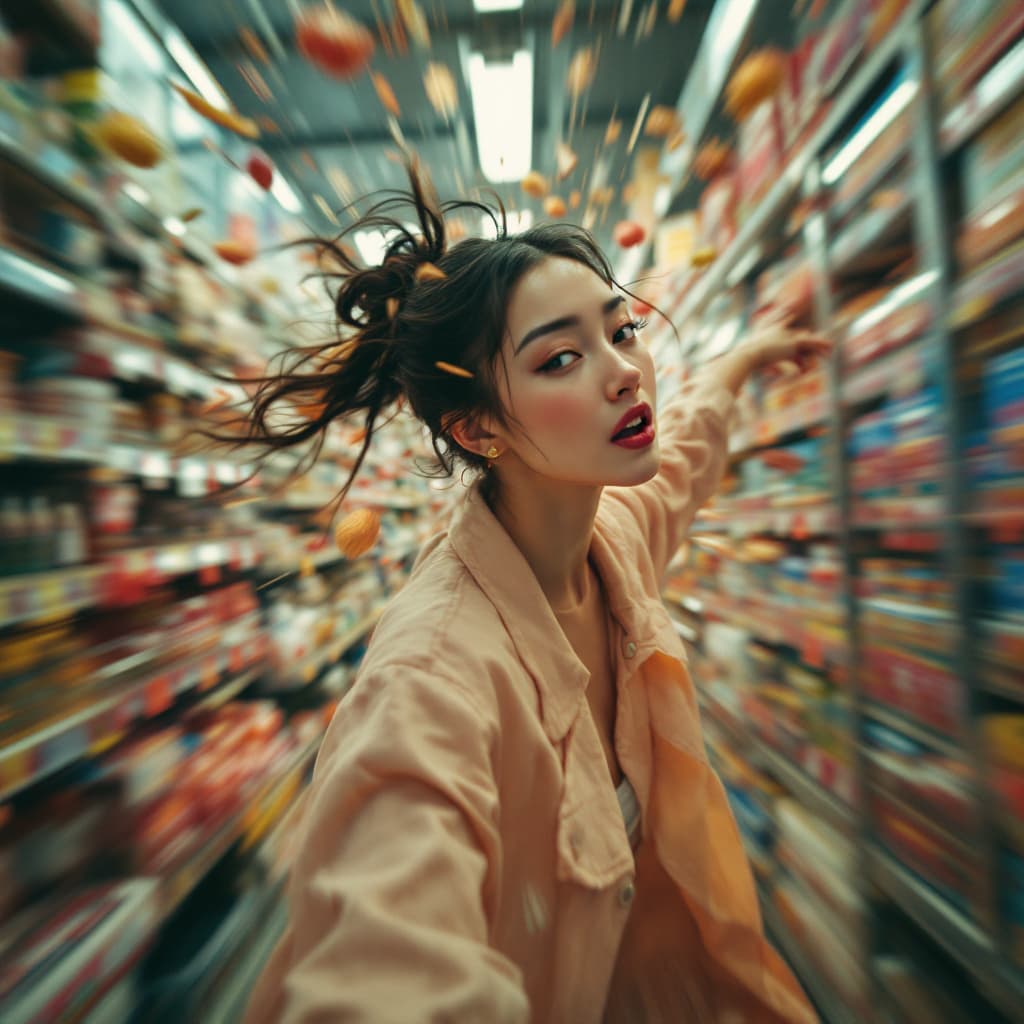 AI generated: a woman speeding down the aisle of a supermarket, in the style of zhang jingna, playful chaos, photo...