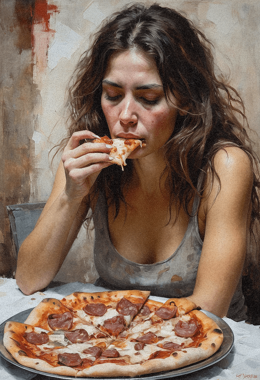 AI generated: A painting of a woman, sitting while eating pizza, natural lighting, highly details, natural look, m...