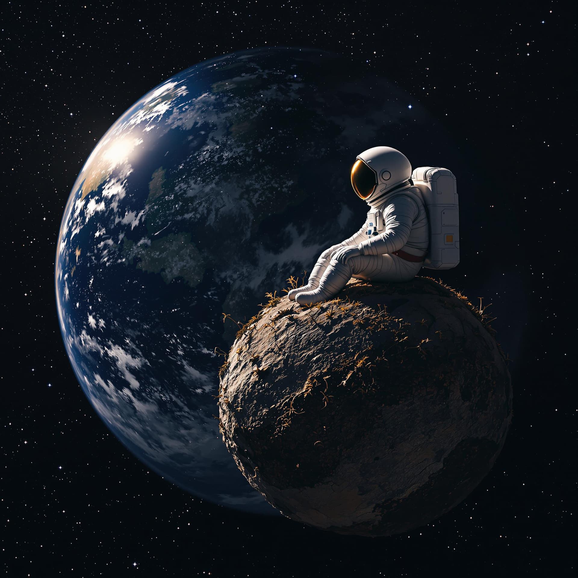 AI generated: An astronaut sitting on a miniature planet, in space, looking at the earth.