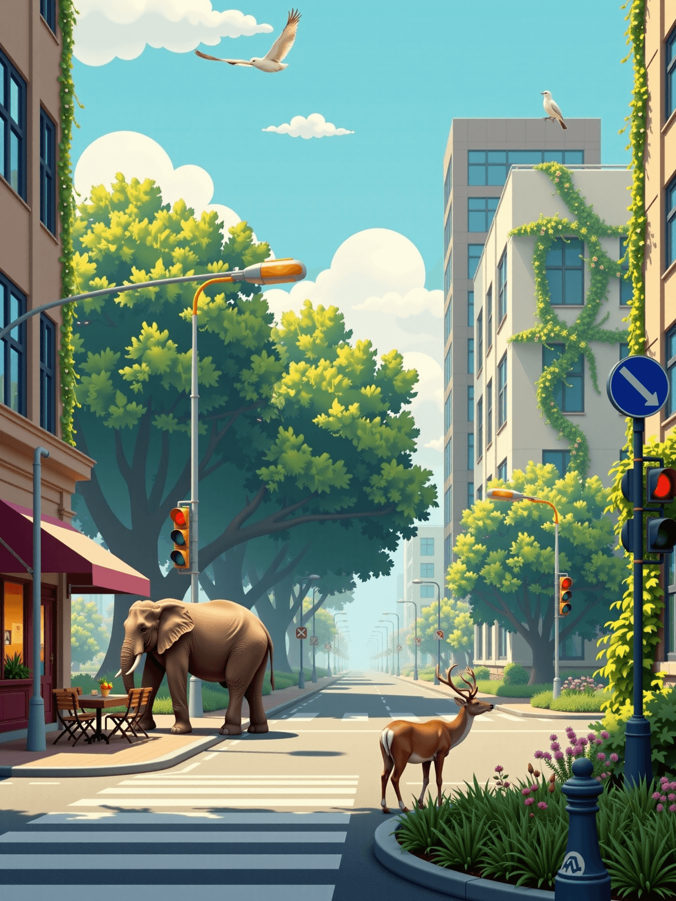AI generated: A surreal, peaceful city street overtaken by nature, with wild animals calmly wandering â an eleph...