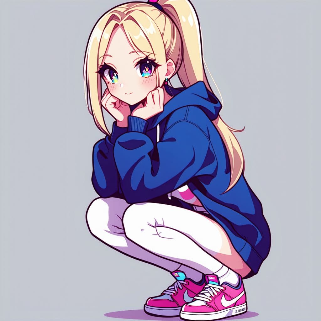 AI generated: ((gradient wide eyes)), ((kawaii)), ((eyelashes)), blonde ponytail, sneaker, windbreaker, leggings, ...