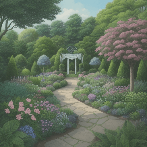 AI generated: A beautifully hand-drawn outdoor garden scene filled with a diverse array of plants and foliage. The...