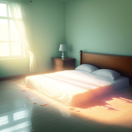 AI generated: Spilled juice on a bed in a bright room.