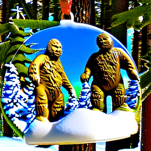 AI generated: 3D ceramic diorama of Sasquatch in woods on a circular ornament, pine trees, snow, high resolution, ...