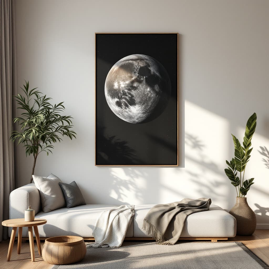 AI generated: minimal livingroom with big planet, morning light and shadow, Decorative painting with Vertical rect...