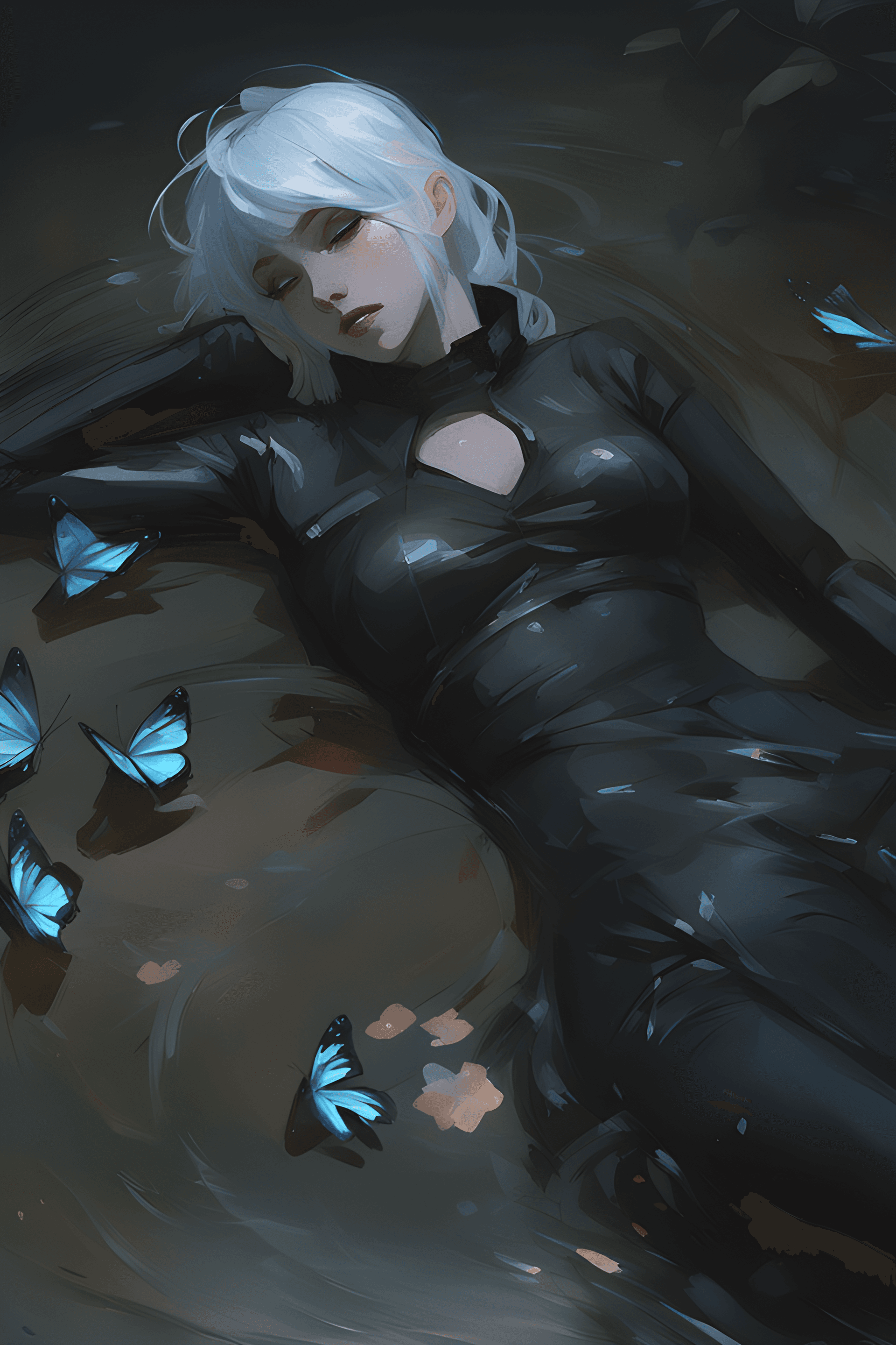 AI generated: there is a woman laying in the water with blue butterflies, artwork in the style of guweiz, by Yang ...