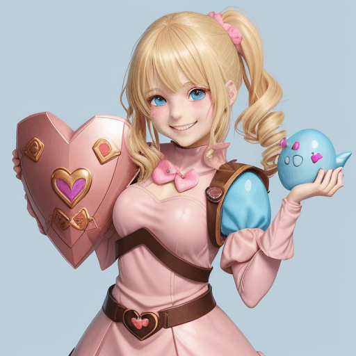 AI generated: A unique blond anime heart. girl. smiling. 
brown & pink clothes. holding one heart shaped shield 20...