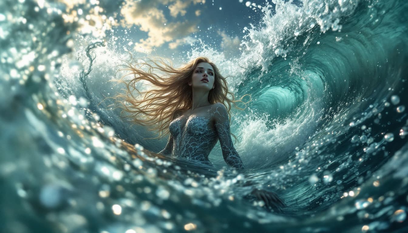 AI generated: Low angle of a graceful mermaid emerging from the ocean waves, enchanting and mesmerizing, art by Be...