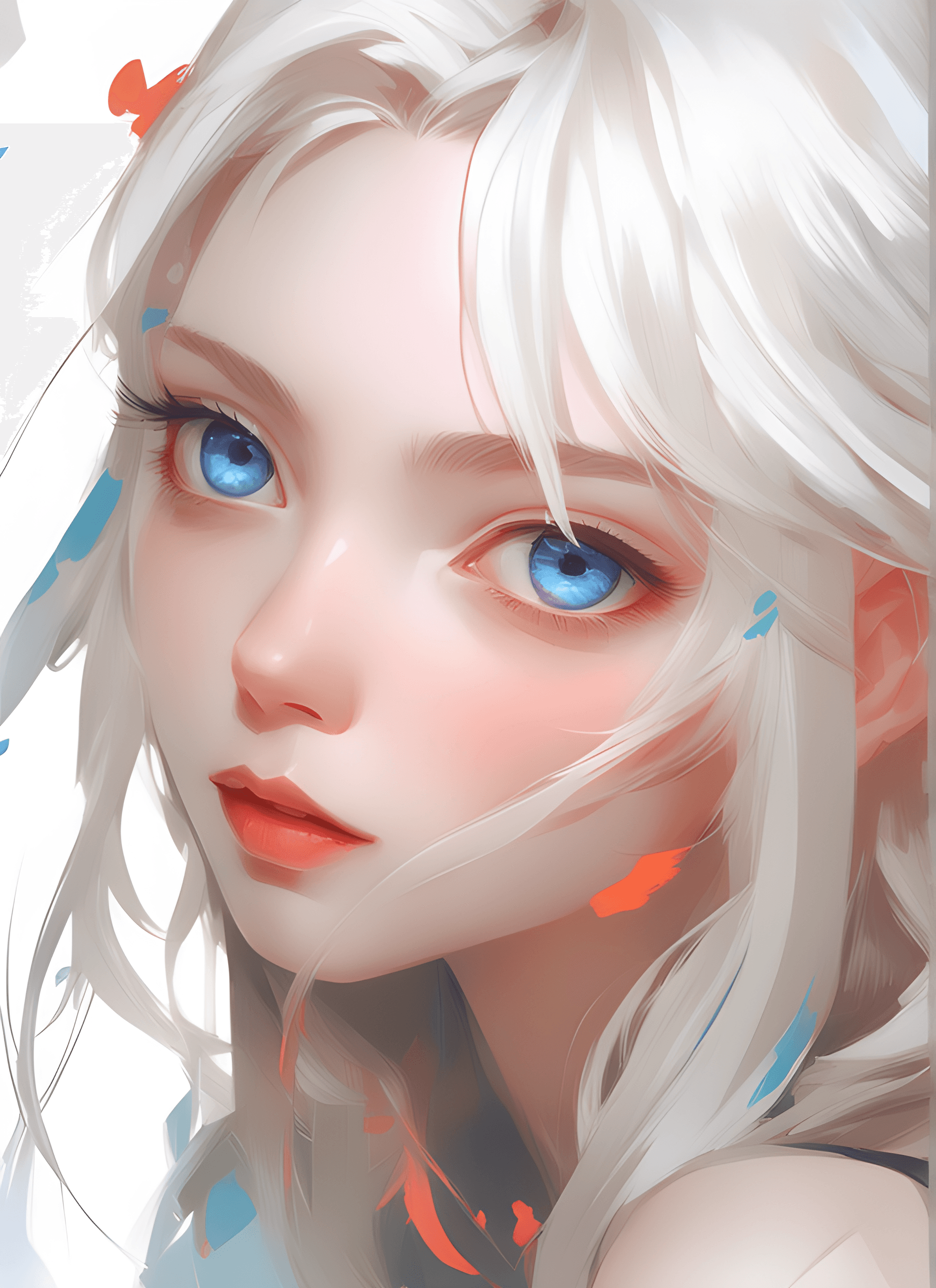 AI generated: anime girl with white hair and blue eyes with colorful eyes, artwork in the style of guweiz, guweiz,...