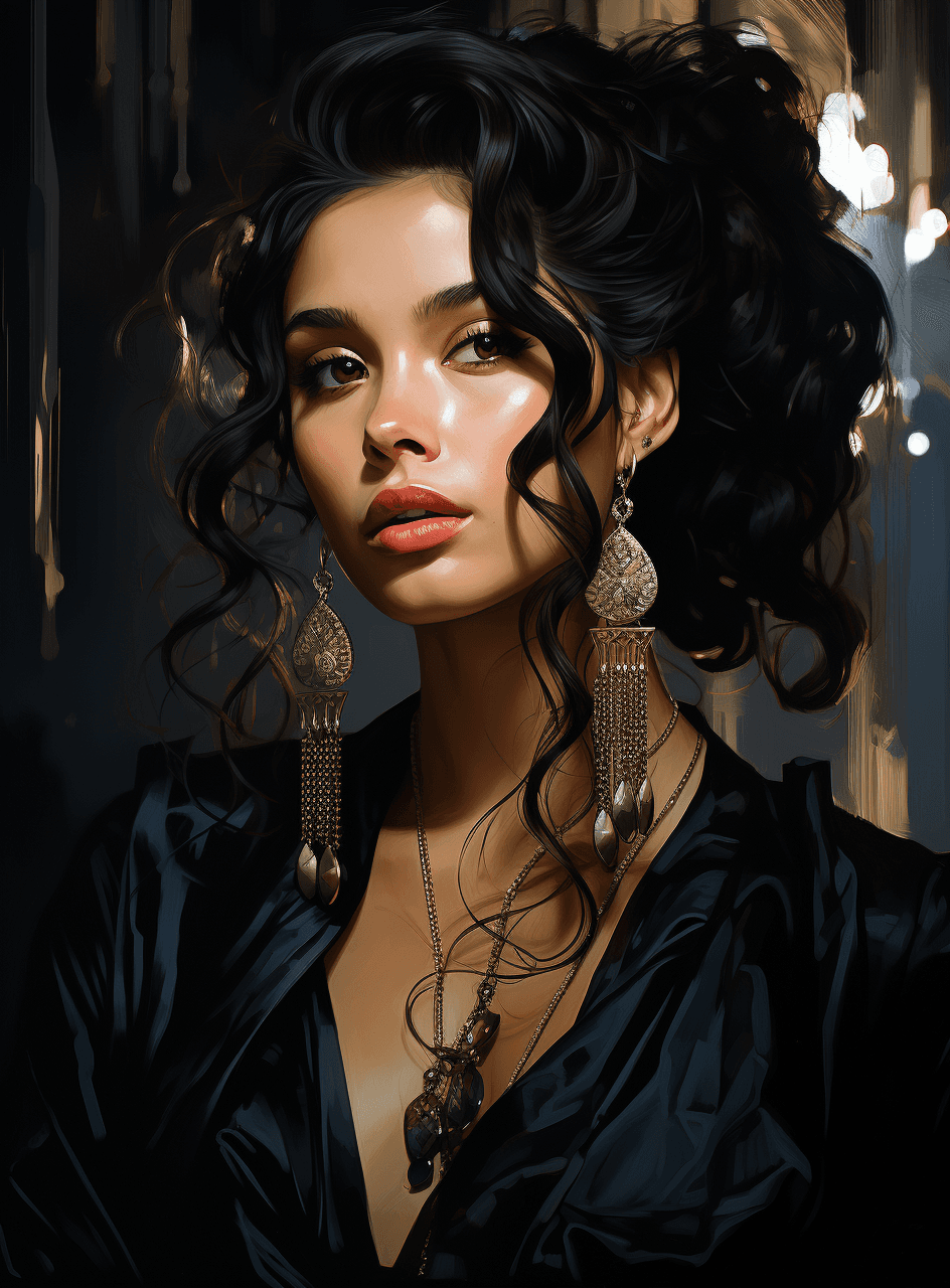 AI generated: a woman with black earrings is holding a pendant, in the style of enchanting realms, darkerrorcore, ...
