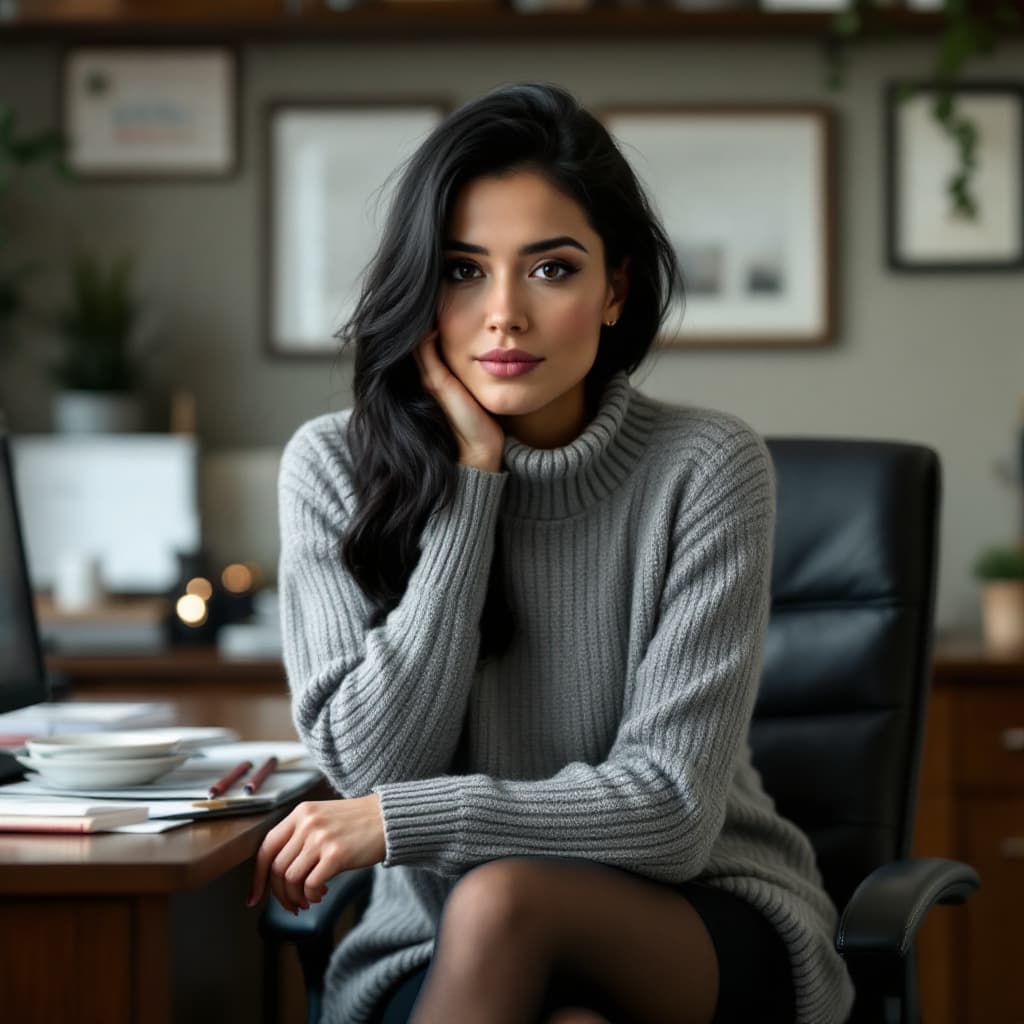 AI generated: sweater grey open middle, stockings black, black hair, sit in secretary, hand in penis boss