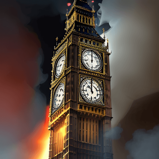 AI generated: big ben burning, glowing flames coming out, tower exploding, smoke, 4k