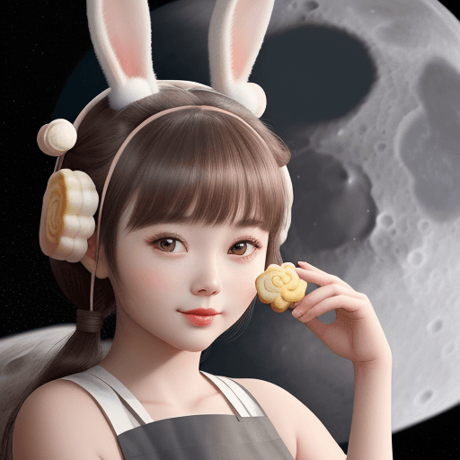 AI generated: Young with a pair of rabbit ears on her head making mooncakes on the moon