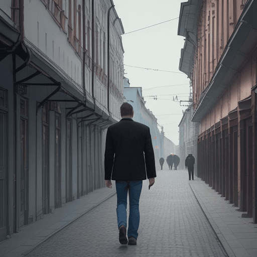 AI generated: 12K, HRD, film grain, 100 ASA, The image features a man walking down a Nizhniy Novgorod street, in t...