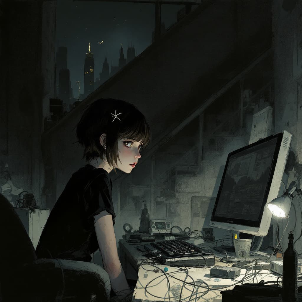 AI generated: Jeremy Mann, 1 girl , solo, sitting, john berkey,messy room, (iwl:1.3),looking afar, short hair, ban...