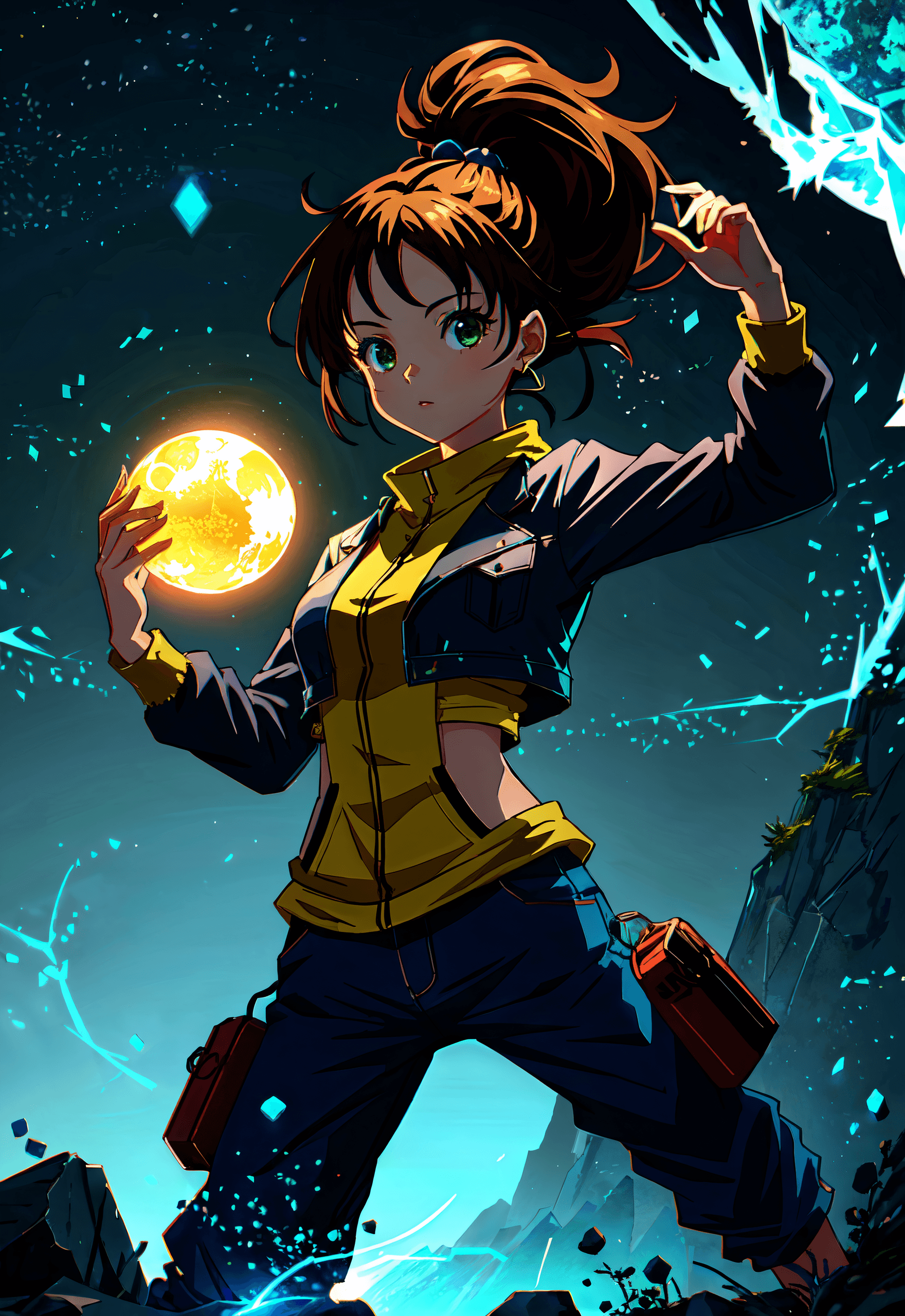 AI generated: Award Winning Illustration , 1girl, holding electric energy ball, clear crystal, particles, rendered...