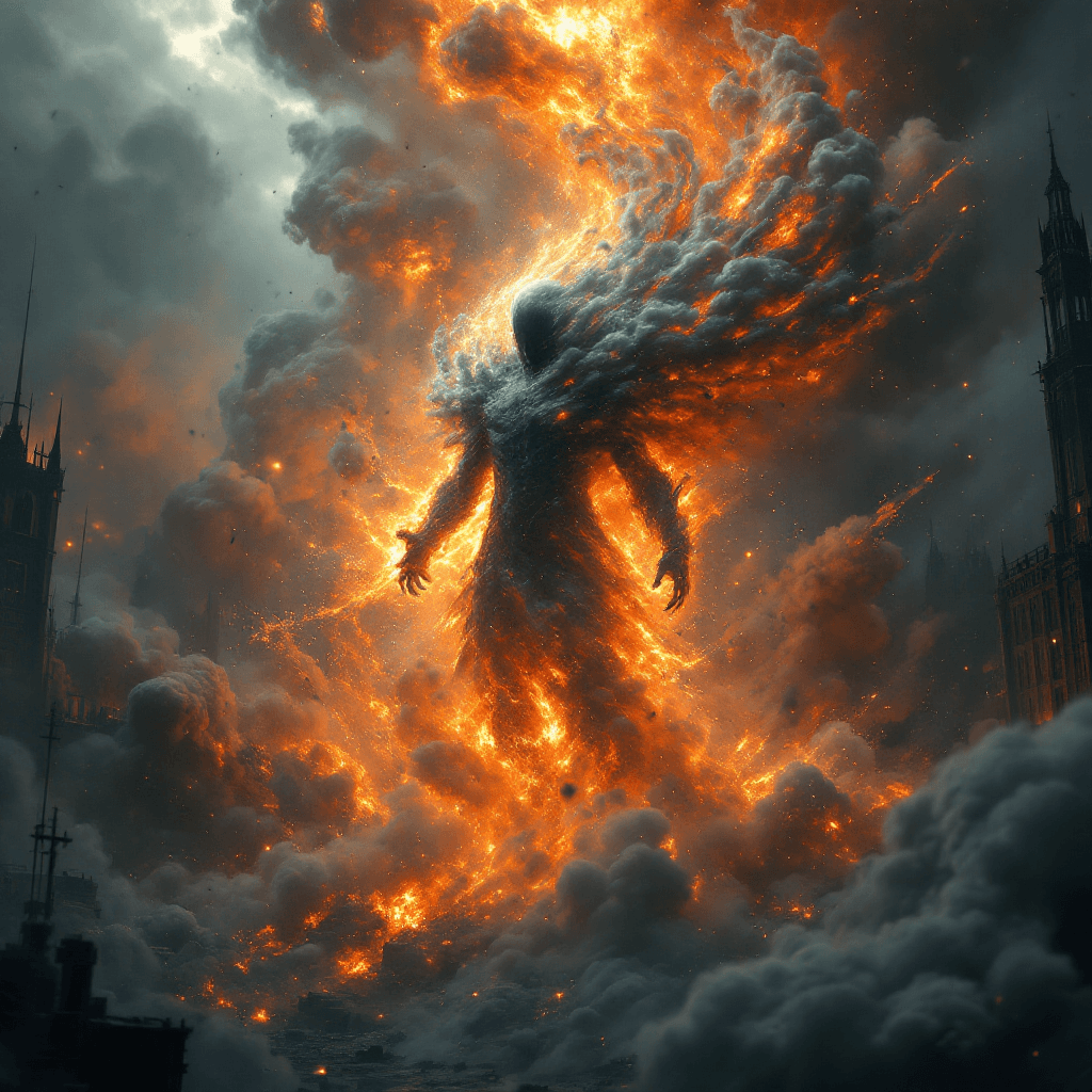 AI generated: 8k Photorealistic. exploding in the background. smoke swirls upwards and seamlessly forms. he RISES ...