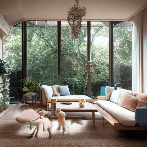 AI generated: High resolution photography interior design, dreamy sunken living room conversation pit, wooden floo...