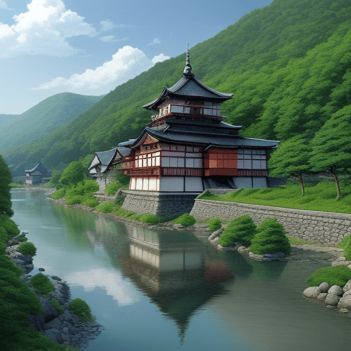AI generated: High resolution anime, japanese village, castle, river
